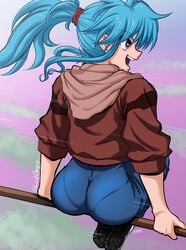 1girls absurdres artist_signature ass back blue_hair botan breasts curvy eyes_visible_through_hair female hair_between_eyes high_ponytail highres huge_ass jacket large_breasts long_hair looking_away looking_to_the_side lordguyis motion_lines open_mouth pale-skinned_female pale_skin pants pantylines ponytail purple_eyes riding shinigami shiny shiny_hair shiny_skin shoes shounen_jump simple_background sitting solo very_long_hair white_background yu_yu_hakusho