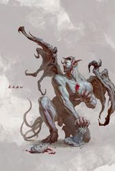 big_ears blood bodily_fluids chen_(artist) chensart clawed_fingers claws demon genital_fluids genitals hi_res horn humanoid humanoid_pointy_ears male mask membrane_(anatomy) membranous_wings raised_leg sculpture solo statue wings