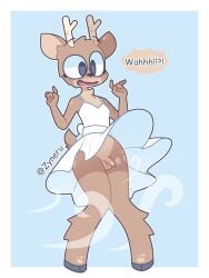 accident accidental_exposure anthro antlers artist_name balls brown_body brown_fur clothed clothing clothing_lift deer dress dress_lift english_text femboy foreskin fur genitals hi_res hooves horn male mammal no_underwear oakley_(aiyhav_nouneim) penis simple_background solo sundress text wind zyneru