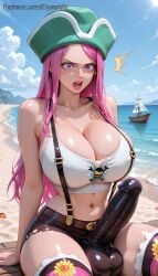 1futa 2026 ai_generated balls beach breasts bulge bulge_through_clothing cleavage cock day dyzertai futa_only futanari huge_balls huge_breasts huge_cock huge_penis huge_testicles jewelry_bonney long_hair looking_at_viewer one_piece outdoors penis piercing pink_hair purple_eyes self_upload sitting solo testicles thighs
