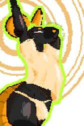 anthro black_body black_fur bulge digital_media_(artwork) dither_rat femboy fur male mammal murid murine pixel_(artwork) rat rodent solo standing stretching tar_(dither_rat)