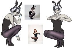 black_and_white_hair bunny_ears bunny_tail bunnysuit cleavage crouching emotionless expressionless female female_only full_body high_heels looking_at_viewer made_in_abyss medium_breasts ozen ozen_kanojo pale-skinned_female pale_skin pantyhose playboy_bunny reference_image reference_inset short_hair solo squatting two-tone_hair