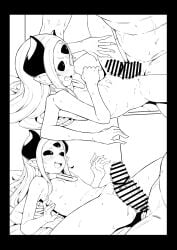 1boy bar_censor black_horns black_sclera blush censored collar colored_sclera completely_nude cum cum_on_body cum_on_stomach erection extra_arms female fingernails greyscale highres horns imminent_penetration long_hair looking_at_penis monochrome monster_girl nervous nervous_smile nervous_sweating nude open_mouth original penis penis_awe precum precum_drip pussy sharp_fingernails sharp_teeth size_difference smile spread_legs sweat teeth zettai_yarumoni