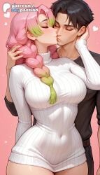 1boy 1girls 2026 ai_assisted ai_generated anime artist_name braid demon_slayer explicit gradient_hair green_hair hi_res high_quality high_resolution highres kanroji_mitsuri kimetsu_no_yaiba kissing long_hair mitsuri_kanroji mole mole_under_eye multicolored_hair patreon patreon_username pink_background pink_hair ribbed_sweater skypassion stable_diffusion sweater valentine's_day watermark white_sweater
