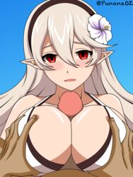 1boy 1girls alternate_costume big_breasts bikini corrin_(fire_emblem) corrin_(fire_emblem)_(female) corrin_(summer)_(fire_emblem)_(female) fire_emblem fire_emblem_fates fire_emblem_heroes male/female nintendo paizuri paizuri_lead_by_male punana straight swimsuit white_bikini white_swimsuit