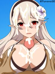 1boy 1girls alternate_costume bikini corrin_(fire_emblem) corrin_(fire_emblem)_(female) corrin_(summer)_(fire_emblem)_(female) cum cum_in_hair cum_on_breasts cum_on_face fire_emblem fire_emblem_fates fire_emblem_heroes nintendo paizuri punana swimsuit white_bikini white_swimsuit