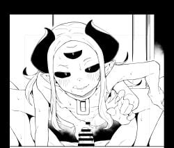 1boy :d bar_censor black_horns black_sclera breasts censored collar colored_sclera commentary completely_nude cowgirl_position curled_horns erection extra_arms female fingernails greyscale horns long_hair monochrome monster_girl nipples nude original pussy sharp_fingernails sharp_teeth small_breasts smile spread_legs straddling sweat symbol-only_commentary teeth third_eye tongue tongue_out zettai_yarumoni