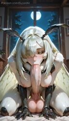 1futa 2026 ai_generated antennae_(anatomy) areolae autofellatio balls black_sclera breasts carapace cock dyzertai futanari green_eyes green_hair huge_balls huge_cock huge_testicles indoors insect_girl insect_wings juniper_actias long_hair looking_at_viewer medium_breasts moth_girl night pale_skin penis self_upload solo sucking sucking_dick sucking_penis testicles white_hair