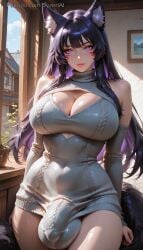 1futa 2026 ai_generated balls bare_shoulders bare_thighs breasts bulge bulge_through_clothing cleavage cleavage_cutout cock dark_hair day delta_(the_eminence_in_shadow) dyzertai futanari huge_breasts indoors long_hair looking_at_viewer penis purple_eyes purple_hair self_upload solo sweater testicles the_eminence_in_shadow virgin_killer_sweater wolf_ears wolf_girl wolf_tail