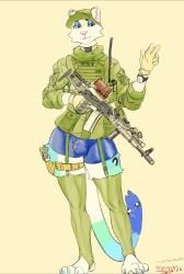 ak_platform anthro boxer_briefs bulge bulletproof_vest clothed clothing collar elcan_optical_technologies electronics eyeshadow felid femboy garter_straps gesture gorka_suit hand_gesture hat headgear headwear hi_res legwear makeup male mammal pantherine plantigrade radio snow_leopard solo standing stockings tactical_gear topwear underwear v_sign vest weapon weapon_holster wombatworks