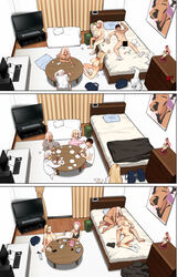 1boy 3koma 4girls after_sex alcohol apartment bar_censor bed bedroom beer black_hair blonde_hair bra breasts card censored clothes_removed comic computer curtains dark_skin demon_girl drinking eating faceless faceless_male feeding fellatio figure group_sex harem head_on_table hishigata holding hood hoodie indoors kissing large_breasts long_hair lying marathon_sex multiple_girls nude on_bed oral orgy original panties pillow plate playing_card poster_(object) shirt shirt_removed short_hair silent_comic sitting socks straight stretch table television threesome time_lapse tissue topless trash_can underwear used_tissue white_shirt yawning