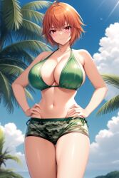 1girl ahoge ai-created ai_generated ane_to_osananajimi_wa_naka_ga_ii! bare_arms bare_shoulders bikini bikini_shorts blue_sky blush breasts camouflage cleavage closed_mouth cloud collarbone cowboy_shot day female green_bikini green_shorts halterneck hands_on_own_hips large_breasts looking_at_viewer navel orange_hair outdoors palm_tree pixiv red_eyes rena_aikawa_(pixiv_user) short_hair short_shorts shorts sky smile solo stable_diffusion standing stomach sunlight swimsuit takahashi_mitsuki thigh_gap thighs tree
