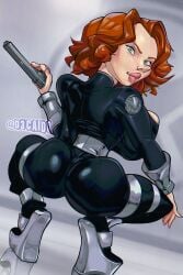 artist_name ass ass_focus avengers black_widow_(marvel) bodysuit boots breasts female full_body fully_clothed green_eyes high_heels large_breasts lips looking_at_viewer looking_back marvel marvel_cinematic_universe natasha_romanoff orange_hair platform_heels red_hair scarlett_johansson skin_tight solo squatting superheroine