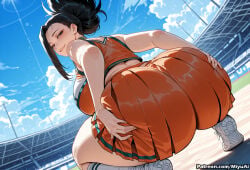 1girl ai_assisted ai_generated ass ass_focus back bare_shoulders basketball black_hair blue_sky boku_no_hero_academia breasts chain-link_fence cloud curvaceous curvy curvy_female curvy_figure day female fence from_behind hair_pulled_back large_breasts long_hair looking_at_viewer looking_back miyuai my_hero_academia outdoors ponytail shoes skirt sky smile solo sportswear squatting sunlight sweat thick thick_ass thick_butt thick_hips thick_legs thick_thighs thighs voluptuous voluptuous_female wide_hips wide_thighs yaoyorozu_momo