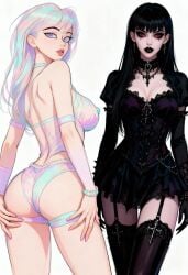 2girls ai_generated ass black_dress black_hair black_lipstick black_mascara blue_eyes butt choker cleavage goth pale-skinned_female pastel red_eyes see-through_clothing silver_hair stockings tagme underwear