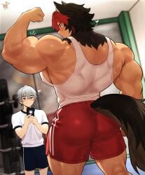 2boys bodybuilder flexing gay high_resolution highres kingdom_velvet komano_manato male male_only muscles muscular muscular_arms muscular_back muscular_butt muscular_male muscular_thighs thick_thighs tight_clothing wide_back yaoi zenless_zone_zero