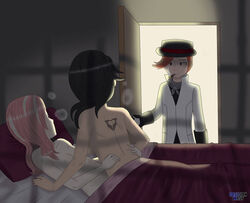 back_tattoo bedroom_setting bowler_hat caught caught_in_the_act cheating cheating_girlfriend cinder_fall implied_sex neo_(rwby) obsidianwasp roman_torchwick rwby suit yuri