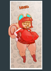 2021 animal_crossing anthro big_breasts bottomless breasts buckteeth clothed clothing erect_nipples eyebrows female food fruit fur furry furry_only genitals goatmystic hair hazel_(animal_crossing) jacket looking_at_viewer mammal nintendo nipples nut_(fruit) open_mouth partially_clothed plant pussy rodent sciurid solo standing tail teeth text thick_thighs topwear unibrow video_games