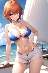 1girl ahoge ai-created ai_generated ane_to_osananajimi_wa_naka_ga_ii! bare_arms bare_shoulders beach bikini blue_bikini blue_sky blush breasts brown_hair cleavage closed_mouth cloud collarbone contrapposto cowboy_shot crossed_bangs day female hair_between_eyes halterneck hand_on_own_hip highleg large_breasts looking_at_viewer micro_shorts navel ocean open_fly outdoors pixiv red_eyes rena_aikawa_(pixiv_user) short_hair short_shorts shorts skindentation sky smile solo stable_diffusion standing stomach string_bikini swimsuit takahashi_mitsuki thighs water white_shorts