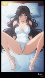 1girl, 4k 8k ai_generated bed, bent body, content down, dress explicit feet, feets, female, high kaoru_hana_wa_rin_to_saku legs legs, lying masterpiece, mature mini nsfw, on outfit, perfect polished, quality, resolution, sandals, sexy solo, spread spread_legs summer thighs, thong, tight toenails toenails, toes, top, up, waguri_kaoruko