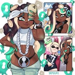 2girls black_panties bluesky_link dark-skinned_female dark_skin dark_skinned_female digital_media_(artwork) inkling interracial looking_at_phone marina_(octo_expansion) marina_(splatoon) octoling panties pants_down pearl_(splatoon) phone photos selfie selfie_pose splatoon splatoon_(series) splatoon_2 splatoon_2:_octo_expansion splatoon_3:_side_order underwear yamouri