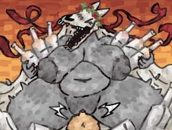 anthro areola belly big_areola big_belly big_breasts blush blush_lines bodily_fluids bone bottle breasts christmas closed_eyes container cowgirl_position drunk drunk_sex duo emanata empty_bottle equid equine female female_on_top flower flower_crown flying_sweatdrops freckled_breasts freckled_shoulders freckles from_front_position glass_bottle grey_areola grey_body head_wreath holding_bottle holding_container holding_object holidays horse_skull huge_areola human larger_female looking_pleasured male male/female mammal mari_lwyd mostly_nude motion_lines mouth_closed on_bottom on_top orange_background plant ribbons scaliescum sex simple_background size_difference skull skull_head smaller_male substance_intoxication sweat sweatdrop thick_thighs tremble_spikes vaginal_penetration veil wine_bottle