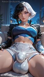 1futa 2026 ai_generated balls bare_thighs black_hair blue_eyes breasts bulge bulge_through_clothing choker cock couch dyzertai fingerless_gloves futanari gloves heterochromia huge_balls huge_cock huge_testicles indoors looking_at_viewer luna_snow marvel marvel_rivals medium_breasts multicolored_hair navel night penis self_upload short_hair shorts testicles thighs white_hair yellow_eyes