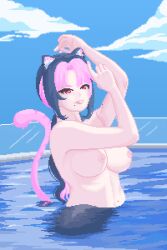 1girls animal_ears beirock big_breasts blue_hair blush breasts catgirl completely_nude female female_only hispanic_virtual_youtuber latam_virtual_youtuber light-skinned_female light_skin long_hair mature_female mole mole_under_eye nipples nude nude_female panther_girl pink_hair pixel_art pool purple_eyes shura_hiwa two-tone_hair virtual_youtuber vtuber water
