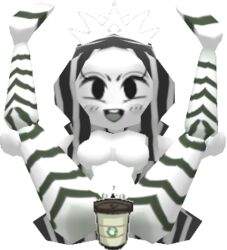 1girls 3d barcode_pubic_hair coffee coffee_cup crown legs_over_head legs_spread legs_up low_poly lowpoly monochrome no_outlines polez polygon polygonal pubic_hair solo starbucks starbucks_siren starbucks_siren_(gashi-gashi_redesign) striped_hair stripes_(marking) white_skin