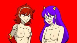 2girls akane_(etra-chan_saw!) arms_crossed azami_(etra-chan_saw!) breasts completely_naked completely_naked_female completely_nude completely_nude_female cosplay elbow_pads etra-chan_saw! female female_only glasses horns lum_(cosplay) naked naked_female nipples nude nude_edit nude_female nude_filter purple_eyes purple_hair red_background red_eyes red_hair shoulder_pads smirk smirking smirking_at_another upper_body urusei_yatsura yellow_horns youtube