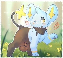 2026 animal_genitalia balls big_balls black_balls black_body black_foreskin black_fur black_legs black_paws black_tail blue_body blue_ears blue_paw blurred_background blush blush_lines claws colored digital_drawing_(artwork) digital_media_(artwork) feral flower foreskin fur generation_4_pokemon genitals grass heart_symbol hi_res humanoid_genitalia humanoid_penis looking_aside lost_hope male markings nature nature_background neck_tuft nintendo one_eye_closed outside pawpads paws penis pink_pawpads plant pokemon pokemon_(species) raised_paw shinx solo star_(marking) star_tail tail tuft unretracted_foreskin white_claws wink yellow_eyes yellow_flower yellow_inner_ear yellow_markings