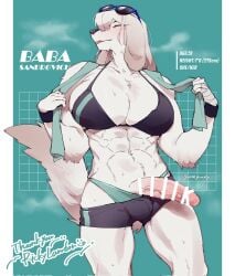 abs anthro arm_tuft athletic athletic_anthro athletic_gynomorph athletic_intersex baba_sandrovich big_breasts bikini bodily_fluids bottomwear bottomwear_down breasts bulge canid canine canis censored censored_genitalia censored_penis character_name cleavage closed_eyes clothed clothing domestic_dog elbow_tuft english_text erection eyewear eyewear_on_head fur genitals gram_quartz gynomorph hair hi_res humanoid_genitalia humanoid_penis intersex long_ears mammal mature_anthro mature_gynomorph mature_intersex muscular muscular_anthro muscular_gynomorph muscular_intersex partially_clothed penis penis_poking_out shorts shorts_down signature solo sunglasses sunglasses_on_head sweat swimwear tail text tongue tongue_out towel towel_around_neck tuft two-piece_swimsuit underwear vein veiny_penis white_body white_fur white_hair