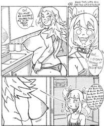 2girls ass beauty_mark breasts comic dialogue female forcedpause large_ass large_breasts long_hair milf multiple_girls panties ribbons sadcatto spiked_collar sweat topless twintails