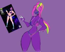 1girls bikini fortnite galaxia_(fortnite) green_eyes purple_hair purple_skin tagme