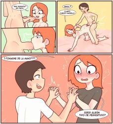 1boy 1futa anal ass balls blowjob blush brown_hair comedy cum_in_ass dialogue dickgirl dickgirl_penetrated flustered funny futanari hand_holding holding_hands interlocked_fingers intersex male male_on_futa orange_hair red7cat sketch spanish spanish_dialogue spanish_text sweat translated