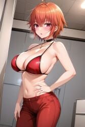 1girl :o ahoge ai-created ai_generated ane_to_osananajimi_wa_naka_ga_ii! bare_arms bare_shoulders bikini bikini_top bikini_top_only black_choker blush breasts choker cleavage collarbone cowboy_shot crossed_bangs earrings female hair_between_eyes halterneck hand_on_own_hip indoors jeans jewelry large_breasts looking_at_viewer navel necklace no_shirt open_mouth orange_hair pants parted_lips pixiv red_bikini red_eyes red_pants rena_aikawa_(pixiv_user) ring short_hair sideboob solo stable_diffusion standing stomach strap_gap string_bikini sweat swimsuit takahashi_mitsuki underboob