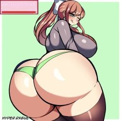 1girls ass ass_bigger_than_head ass_focus big_ass big_breasts big_thighs blush breasts breasts_bigger_than_head brown_hair bubble_ass bubble_butt clothed clothing dat_ass dialogue doki_doki_literature_club enormous_ass enormous_breasts enormous_thighs female gigantic_ass gigantic_breasts gigantic_thighs green_eyes huge_ass huge_breasts huge_thighs hyper hyper_ass hyper_breasts hyper_thighs hyperrxgue legwear licking_lips looking_at_viewer monika_(doki_doki_literature_club) panties ponytail school_uniform schoolgirl schoolgirl_uniform text thick_thighs thighs thighs_bigger_than_head tongue