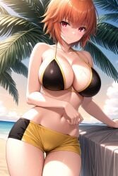 1girl ahoge ai-created ai_generated ane_to_osananajimi_wa_naka_ga_ii! ass_visible_through_thighs bare_arms bare_shoulders beach bikini bikini_shorts black_bikini blush boyshorts breasts brown_hair cameltoe cleavage closed_mouth cloud collarbone cowboy_shot day female halterneck large_breasts looking_at_viewer navel ocean orange_hair outdoors palm_tree pixiv red_eyes rena_aikawa_(pixiv_user) short_hair short_shorts shorts sideboob sky smile solo stable_diffusion standing stomach swimsuit takahashi_mitsuki thigh_gap thighs tree water wet yellow_shorts