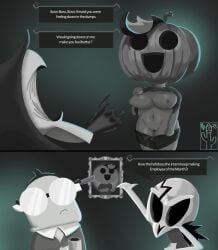 2025 anthro areola beverage bone bottomwear breasts clothing coffee coffee_mug comic death_(personification) dialogue digital_drawing_(artwork) digital_media_(artwork) elemental_creature elemental_humanoid english_text eyewear female flashing flashing_breasts flashing_pussy flora_fauna food for_a_head fruit genitals glasses grim_reaper have_a_nice_death hi_res humanoid jerry_(have_a_nice_death) knife knife_in_head magic_design_studios male monochrome multiple_scenes nipples nonbinary_(lore) object_head open_mouth patrick_(have_a_nice_death) picture_frame plant plant_humanoid portrait_(object) presenting pricklypastor_(artist) pump_quinn pumpkin pumpkin_head shirt shorts signature simple_background skeleton smile speech_bubble spit-take text topwear vulva wearing_glasses