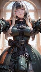 1futa 2026 ai_generated balls bangs blue_eyes breasts bulge bulge_through_clothing choker cock day dress dyzertai futanari hololive hololive_japan indoors juufuutei_raden long_hair looking_at_viewer medium_breasts multicolored_hair outstretched_arms penis self_upload testicles