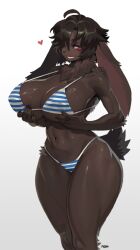 anthro big_breasts bikini bini_(woobin94) breasts brown_fur cleavage dark_brown_hair female furry furry_female heart_symbol huge_breasts rabbit rabbit_girl rabbit_humanoid rabbit_tail red_eyes schewiener tagme thick_thighs toned toned_female wide_hips