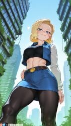 abs ai_generated android_18 belt black_pantyhose black_shirt blonde_hair blue_eyes blue_skirt blush breasts building closed_mouth crop_top cropped_jacket day denim denim_skirt dragon_ball dragon_ball_fighterz dragon_ball_super dragon_ball_xenoverse dragon_ball_z earrings female from_below hand_on_own_hip heart jacket jewelry large_breasts long_sleeves looking_at_viewer medium_breasts midriff muscular muscular_female navel outdoors pantyhose patreon_logo patreon_username shirt short_hair skirt sky skyscraper smile solo toned vest web_address wienergens