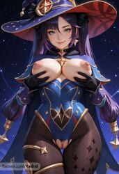 ai_generated alternate_breast_size black_gloves black_hair blue_leotard blush bodystocking breasts breasts_out choker closed_mouth covered_navel earrings female female_pubic_hair genshin_impact gloves green_eyes hat highleg highleg_leotard jewelry large_breasts leotard lips long_hair looking_at_viewer mona_(genshin_impact) nipples pantyhose patreon_username pubic_hair purple_hair pussy sky smile solo star_sky star_symbol starry_sky thighlet thighs torn_clothes twintails witch_hat xadrid