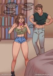 2025 absurd_res bed breast_expansion breasts brown_hair clothed clothing clothing_lift collar collar_tag comic dialogue digital_drawing_(artwork) digital_media_(artwork) duo english_text expansion eye_through_hair female furniture hair hi_res human light_body light_skin male male/female mammal mid_transformation muscular muscular_human muscular_male nipple_outline shirt shirt_lift species_transformation speech_bubble splashtf standing text topwear torn_clothing torn_shirt torn_topwear transformation transformation_sequence translucent translucent_hair undressing_self wearing_collar