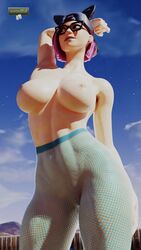 1girls 3d absurd_res areolae arm_behind_head arneb blue_sky bob_cut breasts dyed_hair earrings female female_only fishnet_stockings fishnets fortnite fortnite:_battle_royale glasses hat large_ass large_breasts looking_away lynx_(fortnite) nipples pink_hair short_hair solo topless wotm8h8