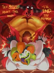 4_hands absurd_res ass belly big_butt big_penis bound chains demon dialogue doggy_style dragon from_behind_position gay gay_sex genitals glowing glowing_eyes hell hellaverse helluva_boss hi_res huge_butt huge_cock male male/male mamayong mammon_(helluva_boss) masochism monster moobs multi_hand muscular mythological_creature mythological_scalie mythology nipples obese obese_male overweight overweight_male pecs penis satan_(helluva_boss) scalie sex slightly_chubby slightly_chubby_male tongue tongue_out wings yaoi