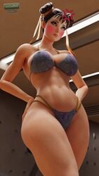 1girls 3d 9:16 abs accurate_art_style anger_vein annoyed asian bikini blush breasts brown_eyes brown_hair capcom chun-li chun-li_(fortnite) cleavage female female_only fortnite hair_buns hands_on_hips large_ass large_breasts navel nipples_visible_through_clothing solo street_fighter thick_thighs video_games wide_hips wotm8h8