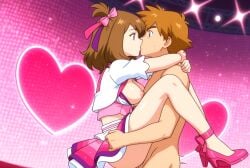ai_generated blouse bows breasts brown_hair carrying carrying_position green_eyes haruka_(pokemon) idol kissing may_(pokemon) may_(pokemon_oras) neckline neon_lights nightclub nipples penetration pokemon pokemon_oras sex sexy sexy_body sexy_cleavage sexy_pose sexy_smile skirt things vaginal_penetration