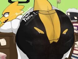 absurd_res alphys anthro ass big_butt blush bodily_fluids clothed clothing female genjii hi_res huge_butt looking_at_viewer looking_back musk musk_cloud musky_butt partially_clothed presenting presenting_hindquarters solo sweat sweaty_butt sweaty_legs sweaty_thighs thick_thighs torn_clothing undertale undertale_(series) wide_hips