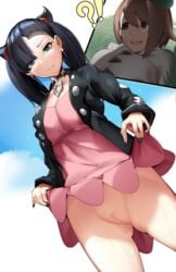 ass black_hair blue_eyes brown_eyes brown_hair gloria_(pokemon) looking_down marnie_(pokemon) nintendo pokemon pokemon_ss pussy sha_(amfil100) skirt_lift surprised tagme wet